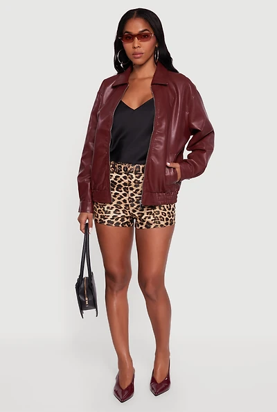 Faux Leather Zip Front Bomber Jacket