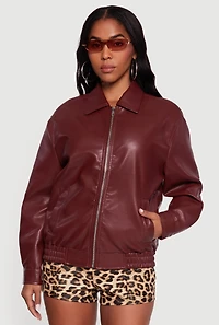 Faux Leather Zip Front Bomber Jacket