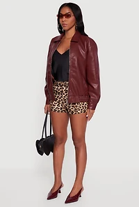 Womens Faux Leather Zip Front Bomber Jacket, Burgundy, Size M