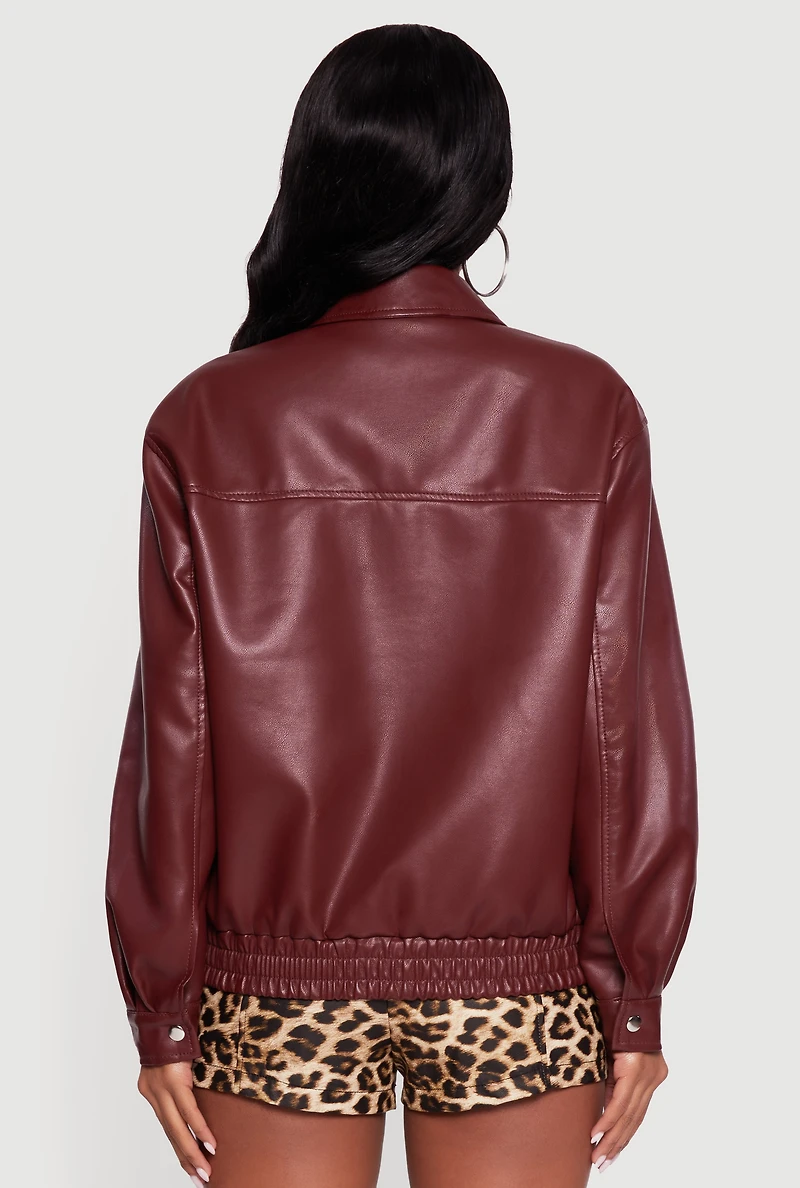Womens Faux Leather Zip Front Bomber Jacket, Burgundy, Size M