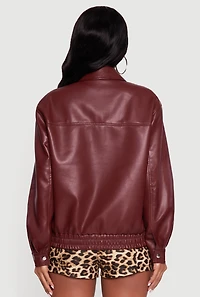 Womens Faux Leather Zip Front Bomber Jacket, Burgundy, Size M
