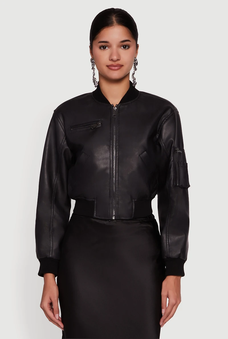 Faux Leather Bomber Jacket with Zip Pockets