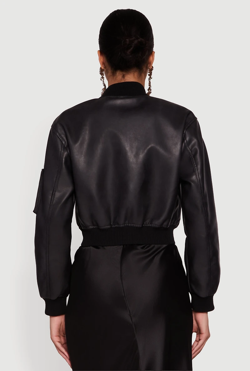 Womens Faux Leather Bomber Jacket with Zip Pockets, Black, Size S