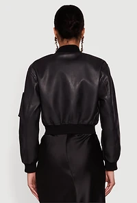 Womens Faux Leather Bomber Jacket with Zip Pockets, Black, Size S