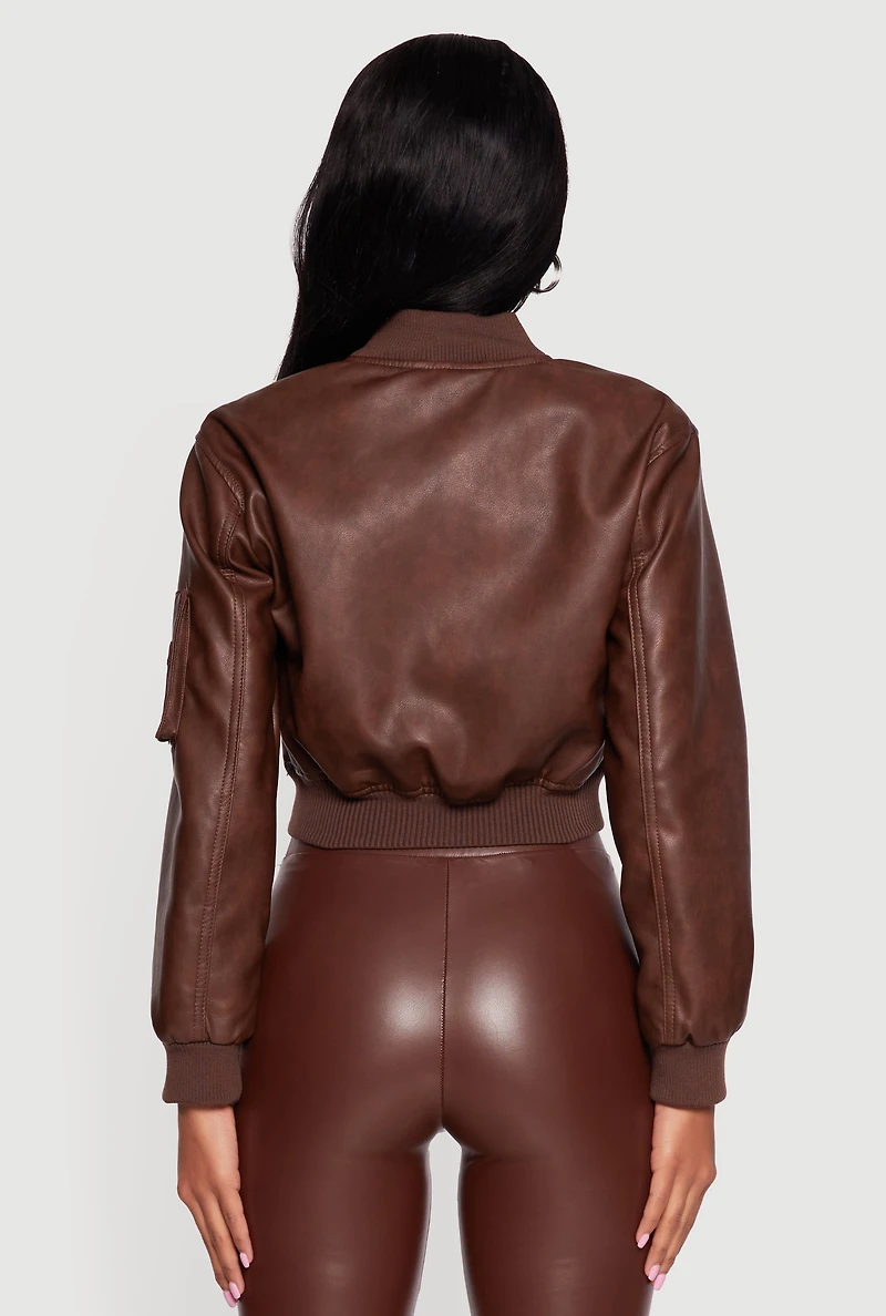Faux Leather Bomber Jacket with Zip Pockets