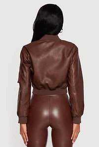 Faux Leather Bomber Jacket with Zip Pockets