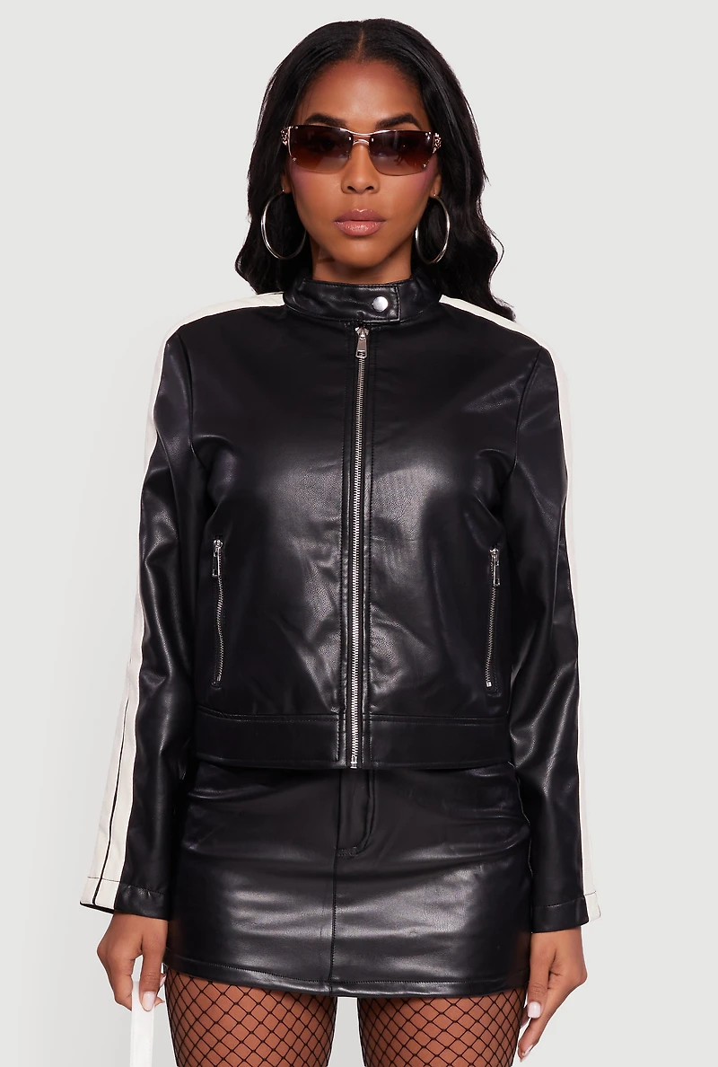 Womens Stripe Detail Zip Front Moto Jacket, Black, Size L