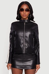Womens Stripe Detail Zip Front Moto Jacket, Black, Size L