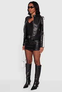 Womens Stripe Detail Zip Front Moto Jacket, Black, Size L