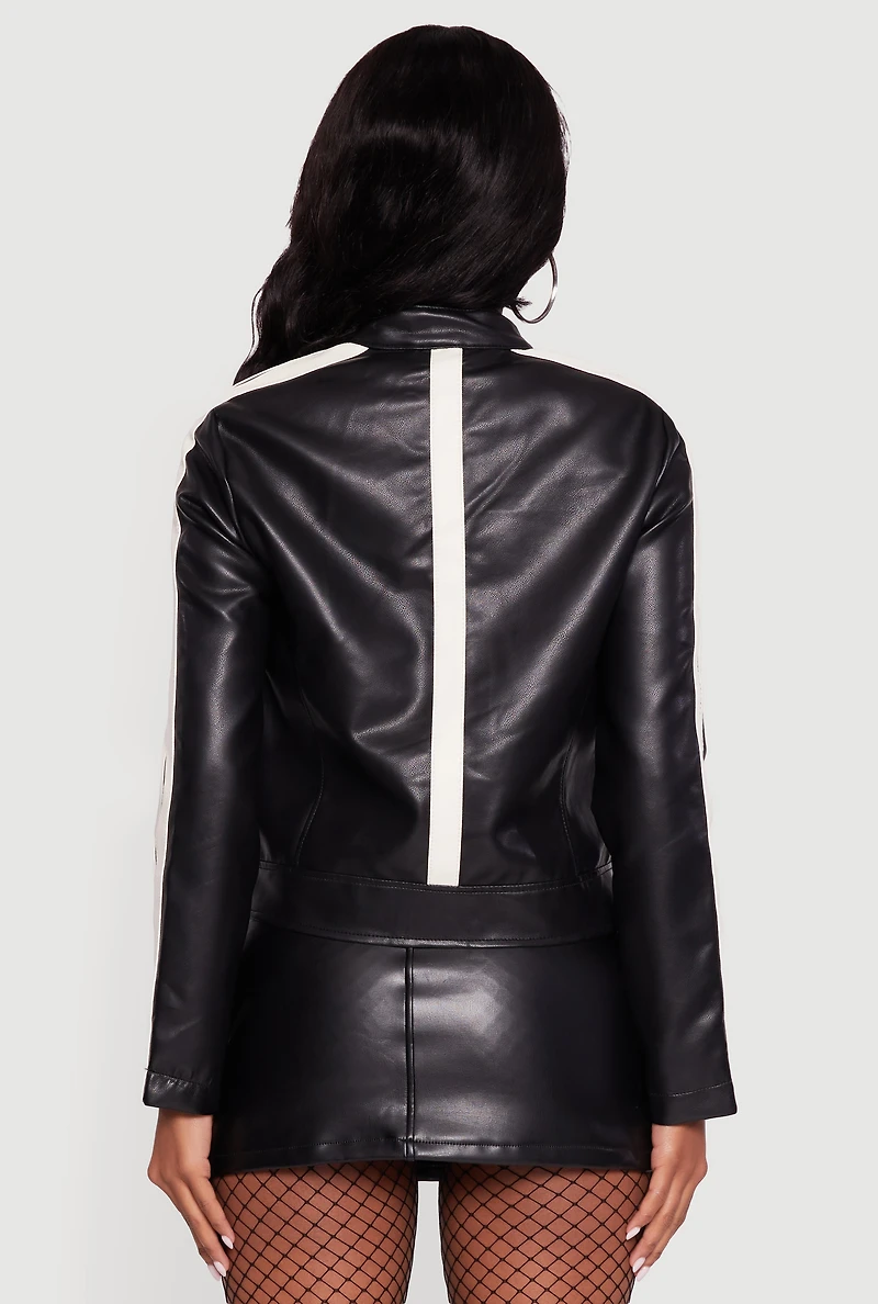 Womens Stripe Detail Zip Front Moto Jacket, Black, Size L