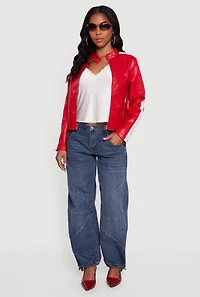 Womens Stripe Detail Zip Front Moto Jacket, Red, Size L