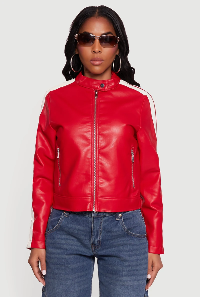 Stripe Detail Zip Front Moto Jacket