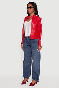 Womens Stripe Detail Zip Front Moto Jacket, Red, Size L