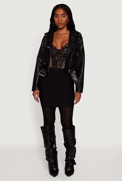Womens Cropped Faux Leather Belted Moto Jacket,