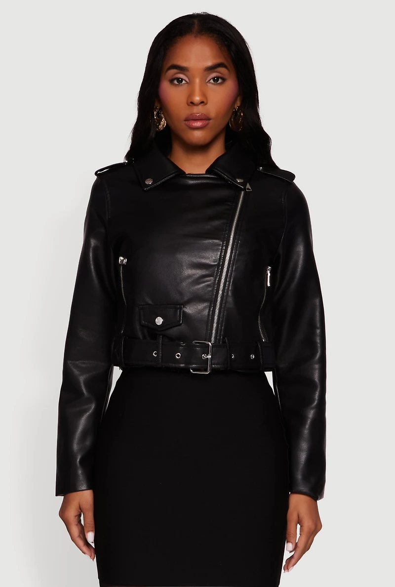 Womens Cropped Faux Leather Belted Moto Jacket, Black, Size M