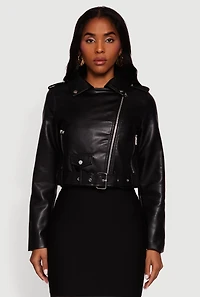 Womens Cropped Faux Leather Belted Moto Jacket, Black, Size M