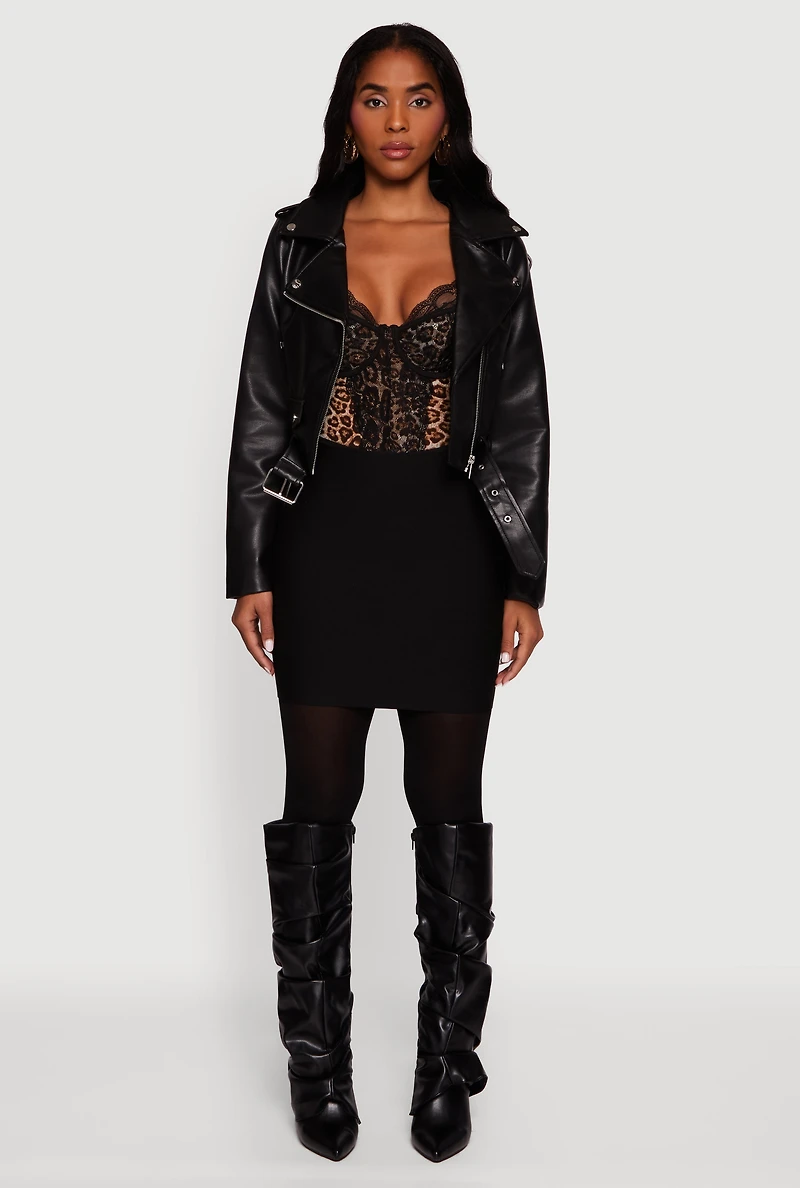 Womens Cropped Faux Leather Belted Moto Jacket, Black, Size M