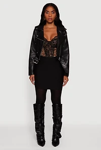 Womens Cropped Faux Leather Belted Moto Jacket, Black, Size M