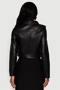 Womens Cropped Faux Leather Belted Moto Jacket, Black, Size M