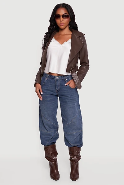 Cropped Faux Leather Belted Moto Jacket