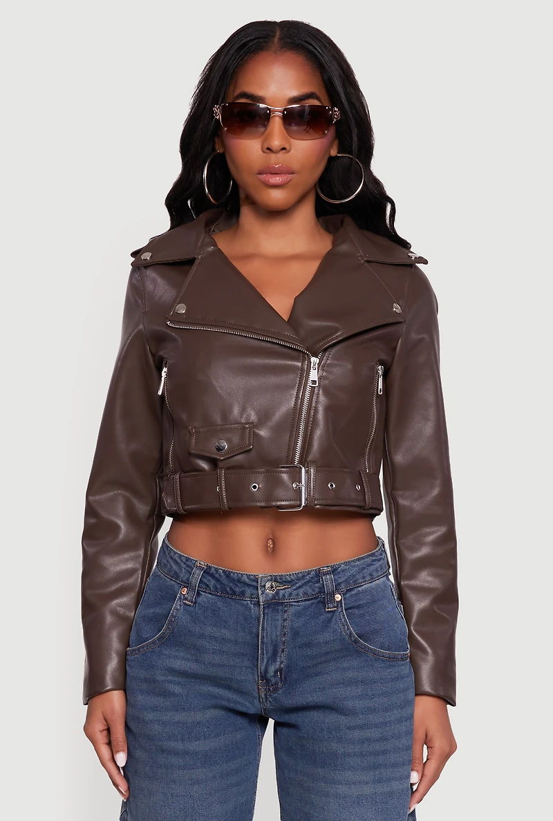 Womens Cropped Faux Leather Belted Moto Jacket, Brown,