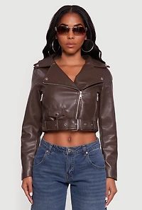 Womens Cropped Faux Leather Belted Moto Jacket, Brown,