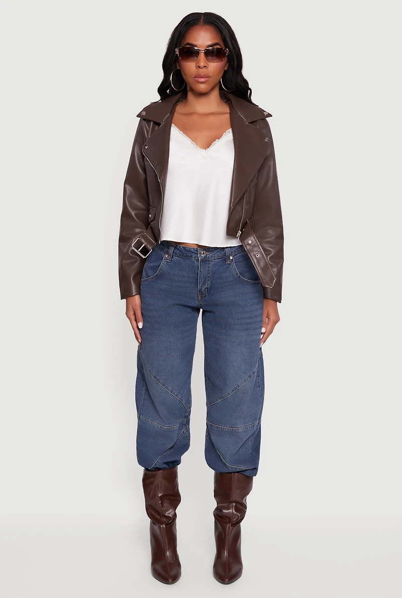 Cropped Faux Leather Belted Moto Jacket