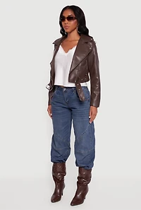 Womens Cropped Faux Leather Belted Moto Jacket, Brown,