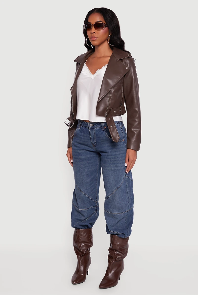 Cropped Faux Leather Belted Moto Jacket