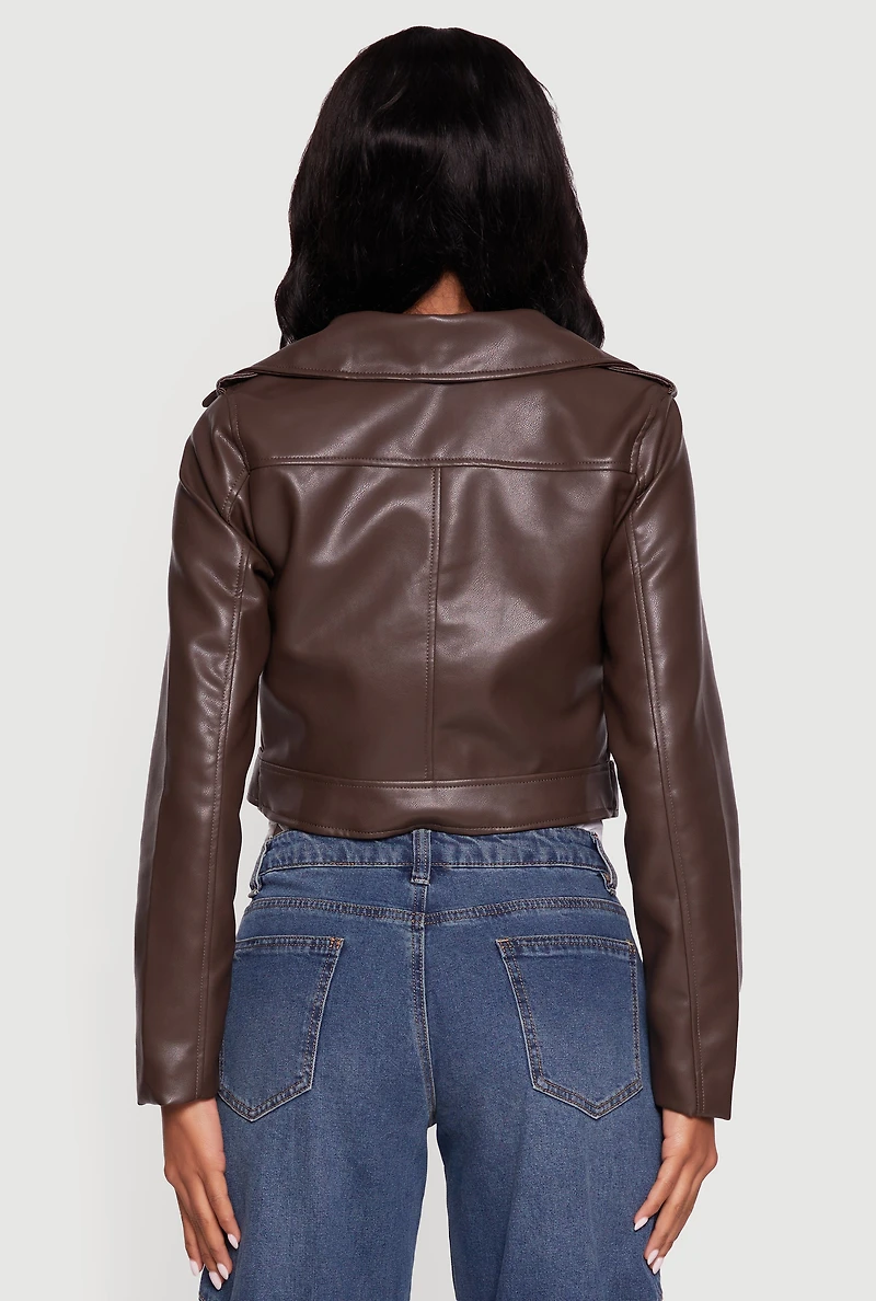 Womens Cropped Faux Leather Belted Moto Jacket, Brown,