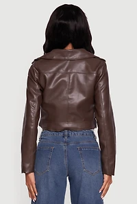 Womens Cropped Faux Leather Belted Moto Jacket, Brown,