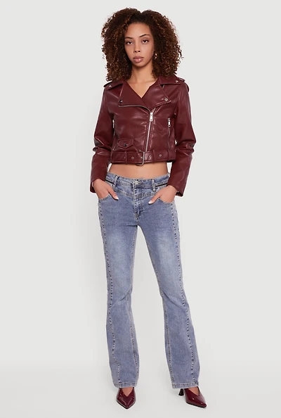 Womens Cropped Faux Leather Belted Moto Jacket, Burgundy, Size M
