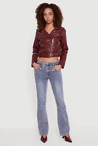Womens Cropped Faux Leather Belted Moto Jacket, Burgundy, Size M
