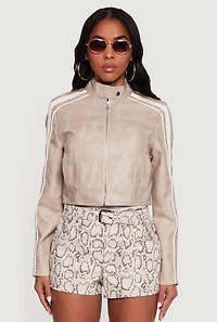 Contrast Trim Cropped Zip Front Moto Jacket