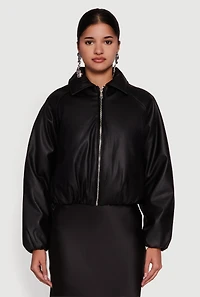 Womens Faux Leather Zip Front Bubble Hem Jacket, Black,