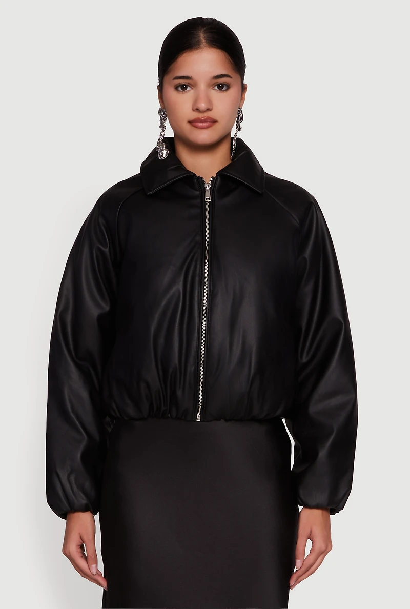 Faux Leather Zip Front Bubble Hem Jacket