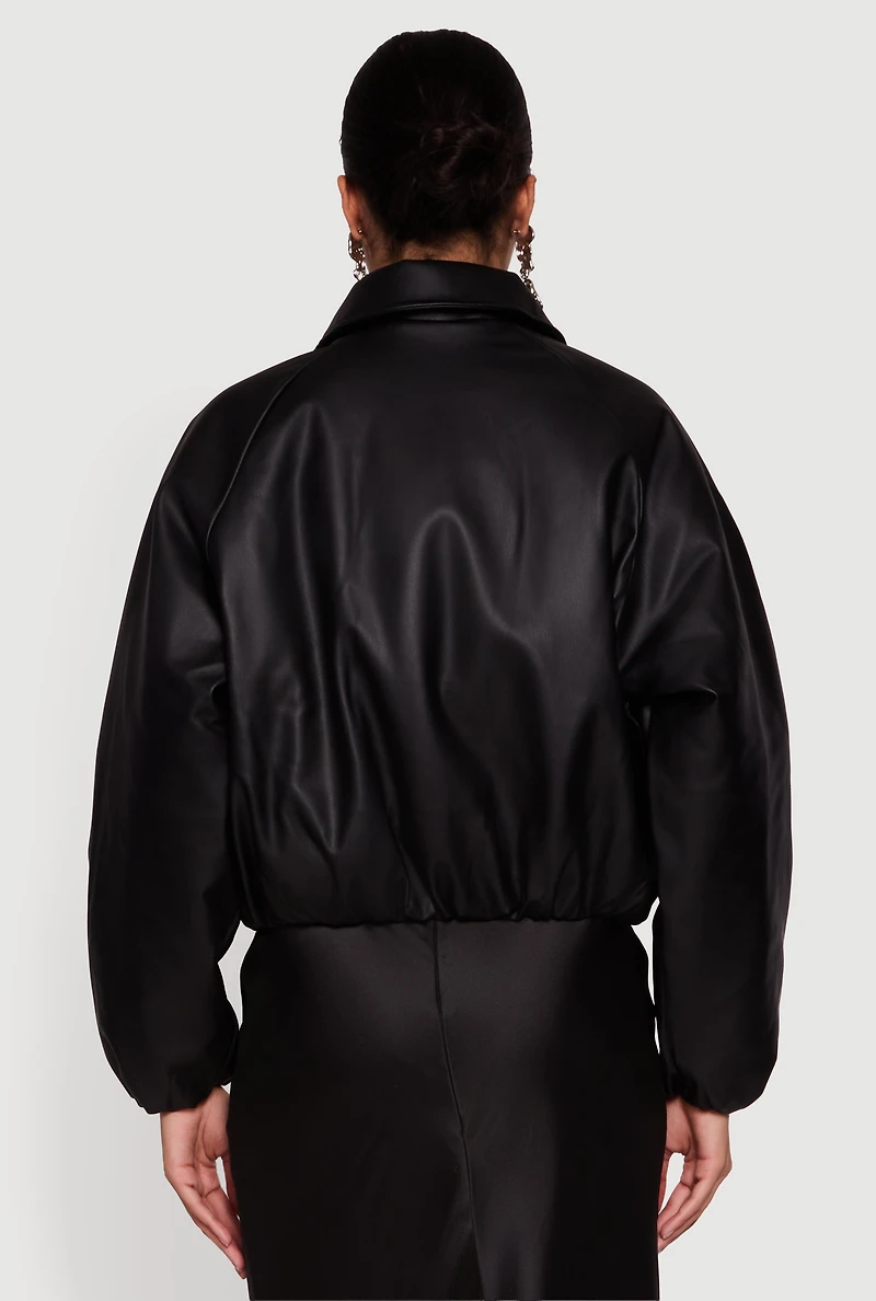 Womens Faux Leather Zip Front Bubble Hem Jacket, Black,