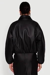 Womens Faux Leather Zip Front Bubble Hem Jacket, Black,