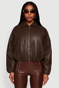 Faux Leather Zip Front Bubble Hem Jacket