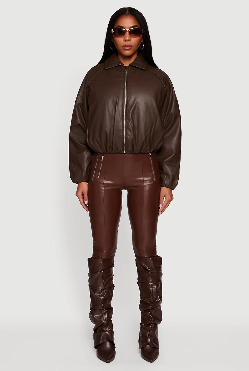Faux Leather Zip Front Bubble Hem Jacket