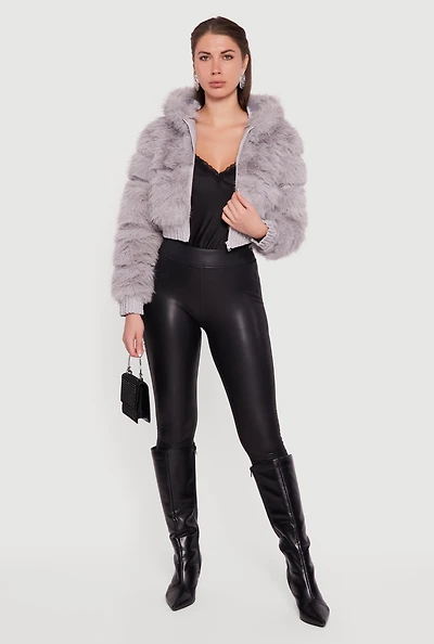 Faux Leather Trim Zip Front Hooded Fur Jacket
