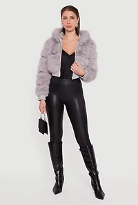 Faux Leather Trim Zip Front Hooded Fur Jacket