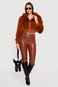 Faux Leather Trim Zip Front Hooded Fur Jacket