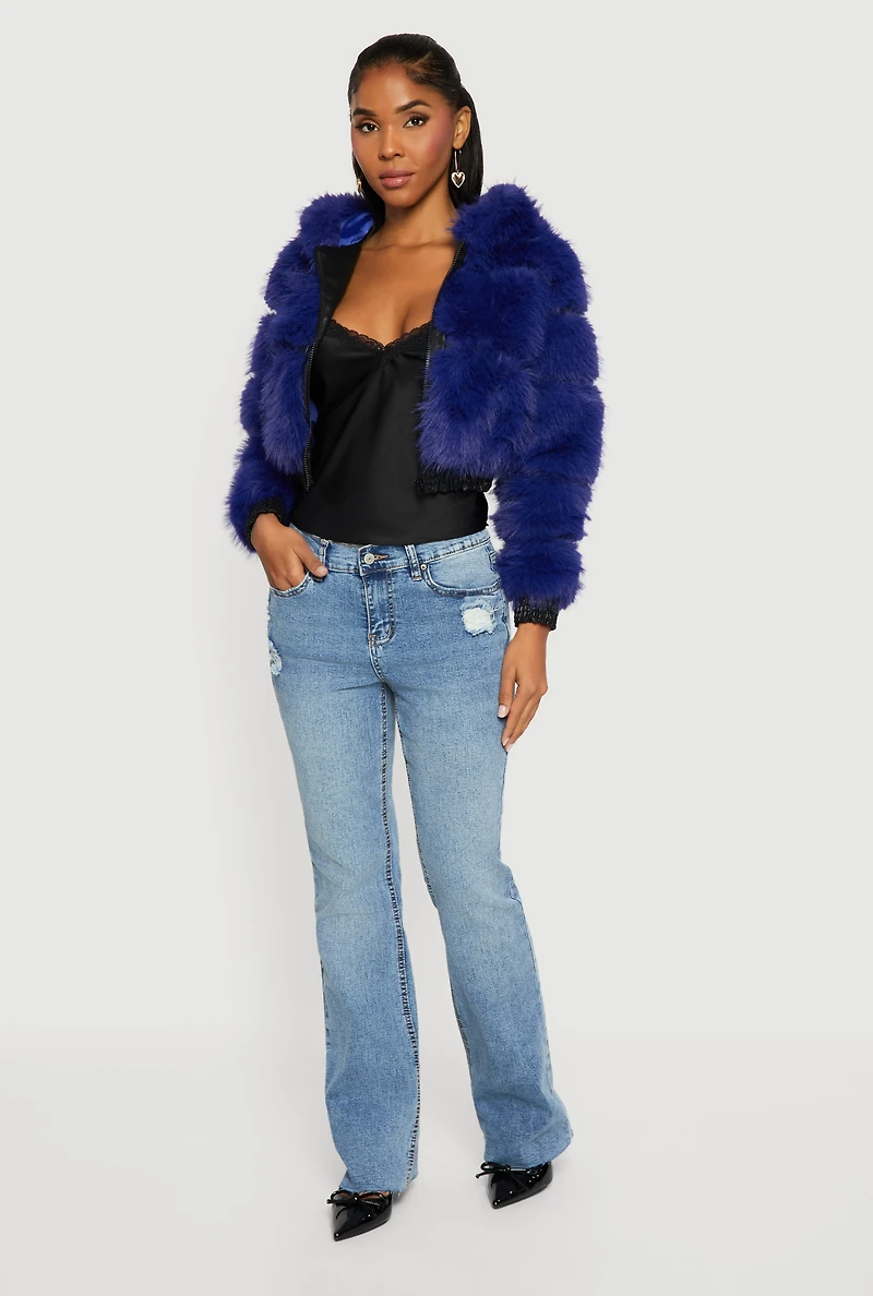 Faux Leather Trim Zip Front Hooded Fur Jacket