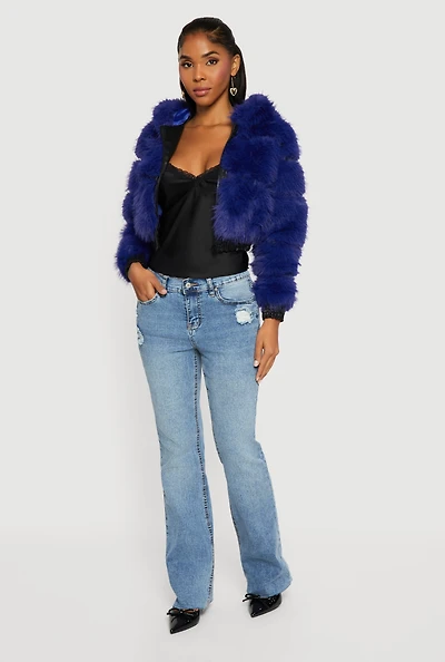 Faux Leather Trim Zip Front Hooded Fur Jacket
