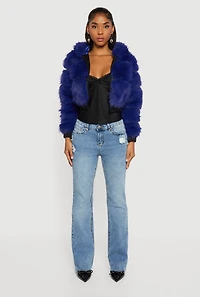 Womens Faux Leather Trim Zip Front Hooded Fur Jacket,