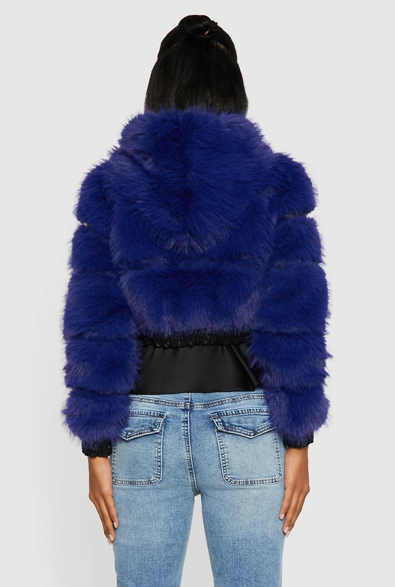 Womens Faux Leather Trim Zip Front Hooded Fur Jacket,