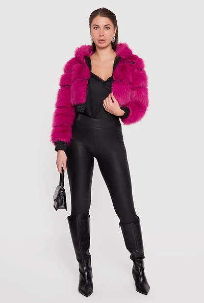 Faux Leather Trim Zip Front Hooded Fur Jacket