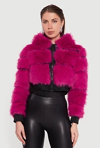 Faux Leather Trim Zip Front Hooded Fur Jacket
