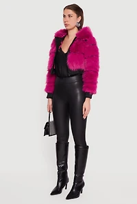 Faux Leather Trim Zip Front Hooded Fur Jacket
